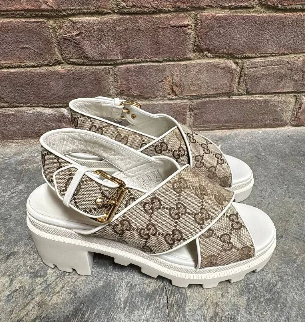 Gucci Beige GG Supreme Canvas Granada Trip Lug Sole Platform Sandals Size 37.5 U